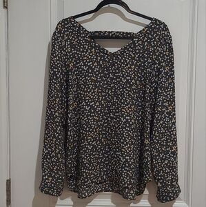 LOFT Yellow and Gray Floral Print Long Sleeve Blouse
